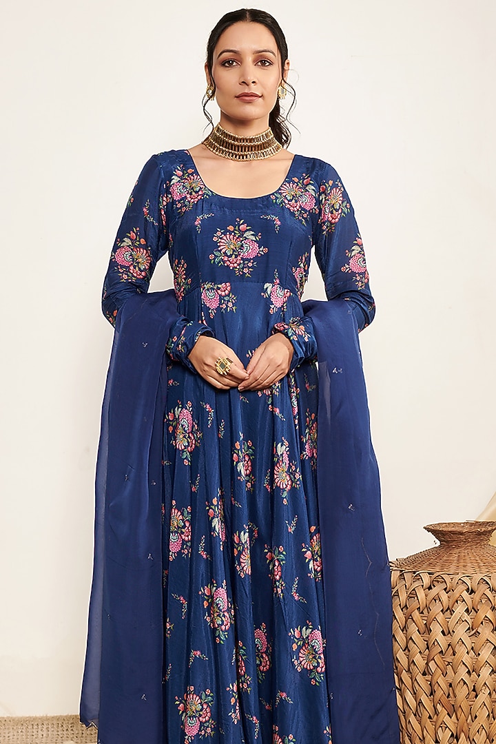 Blue Cotton Silk Printed Anarkali Set by Itraake at Pernia's Pop Up Shop
