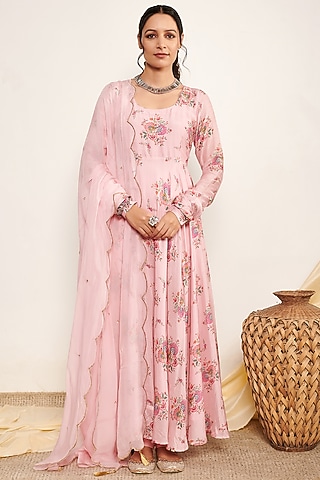 Blush Pink Cotton Silk Printed Anarkali Set by Itraake