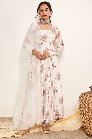 White Cotton Silk Printed Anarkali Set by Itraake