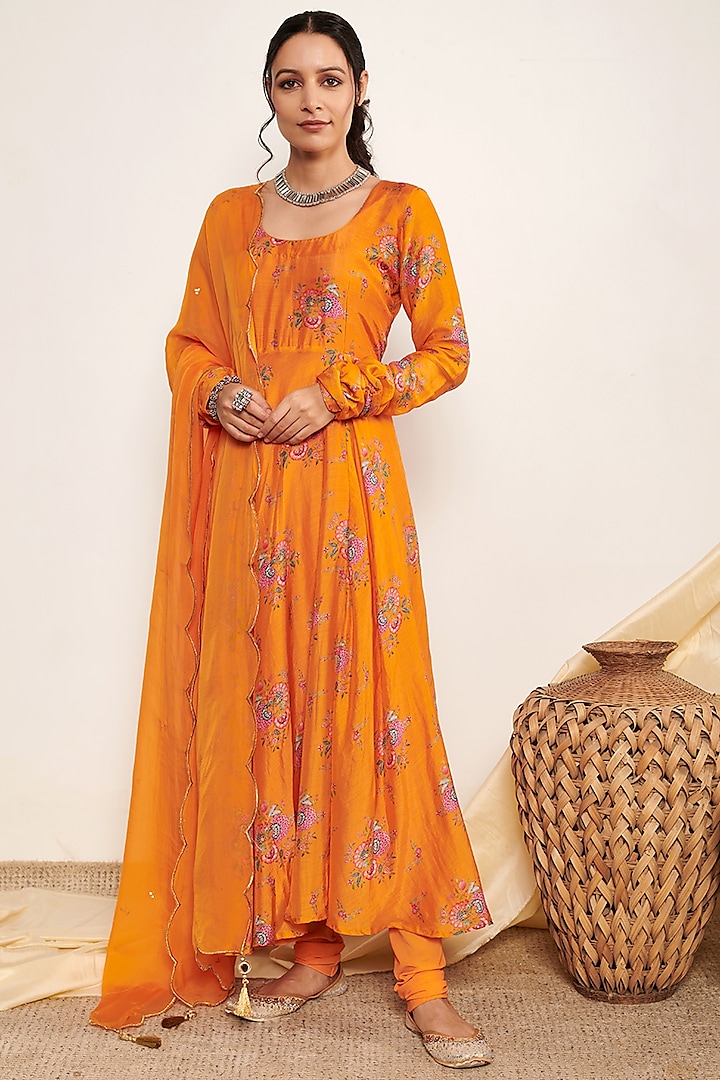 Orange Cotton Silk Printed Anarkali Set by Itraake