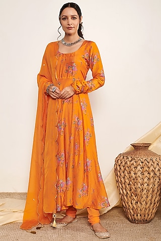 Orange Cotton Silk Printed Anarkali Set by Itraake