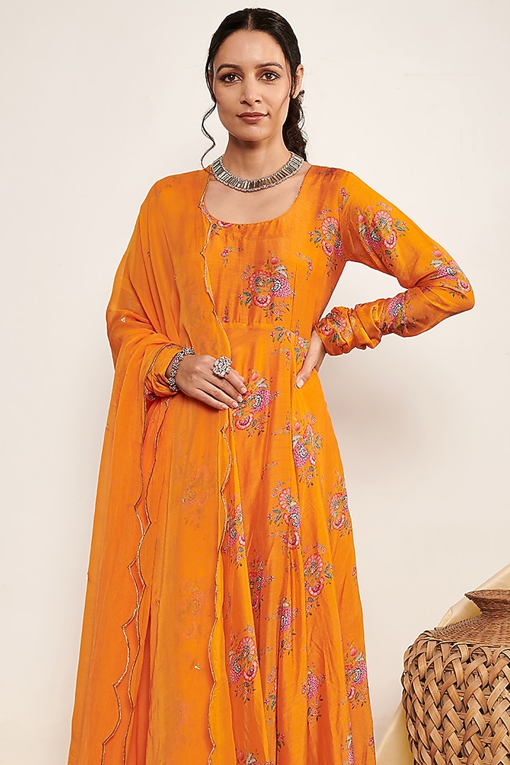 Orange Cotton Silk Printed Anarkali Set by Itraake at Pernia's Pop Up Shop