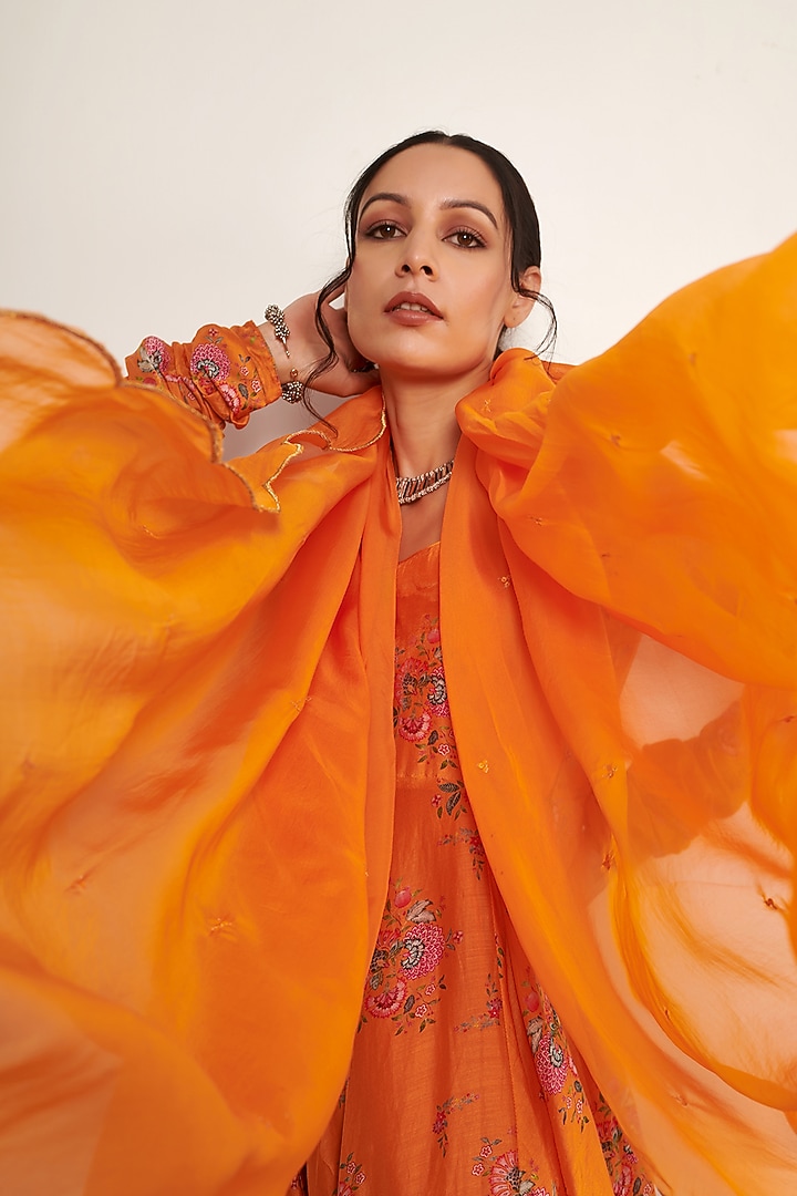 Orange Cotton Silk Printed Anarkali Set by Itraake at Pernia's Pop Up Shop