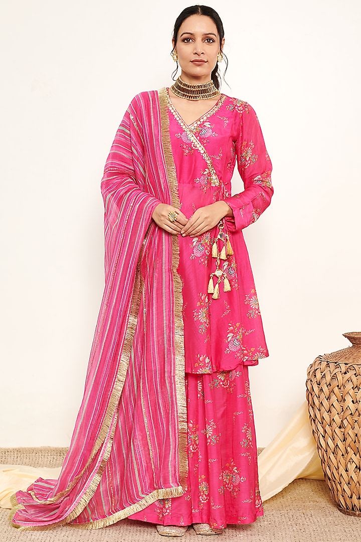 Hot Pink Cotton Silk Printed Sharara Set by Itraake