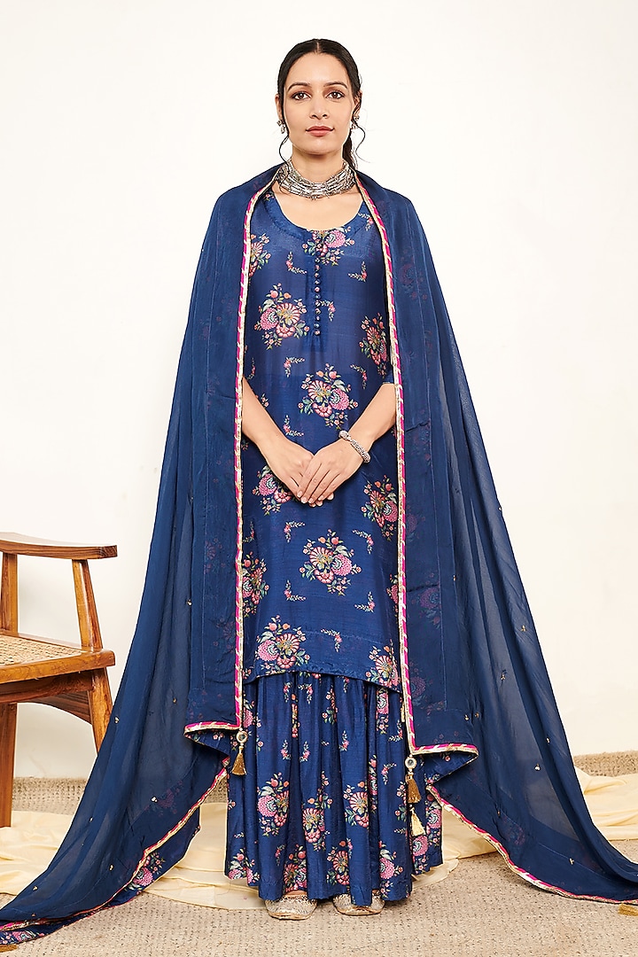 Blue Cotton Silk Printed Sharara Set by Itraake