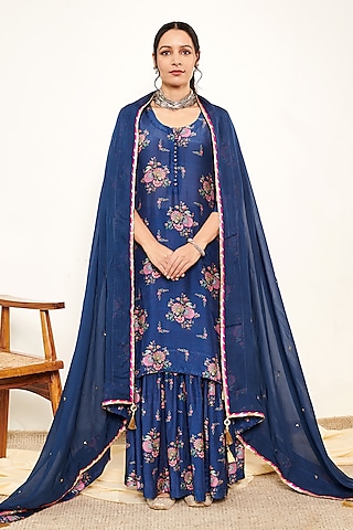 Blue Cotton Silk Printed Sharara Set by Itraake