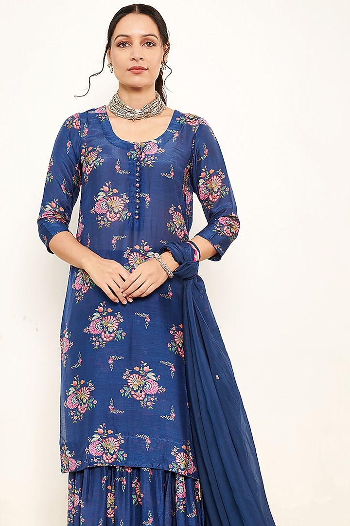 Blue Cotton Silk Printed Sharara Set by Itraake at Pernia's Pop Up Shop