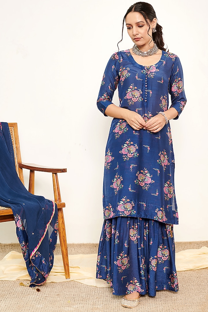 Blue Cotton Silk Printed Sharara Set by Itraake at Pernia's Pop Up Shop
