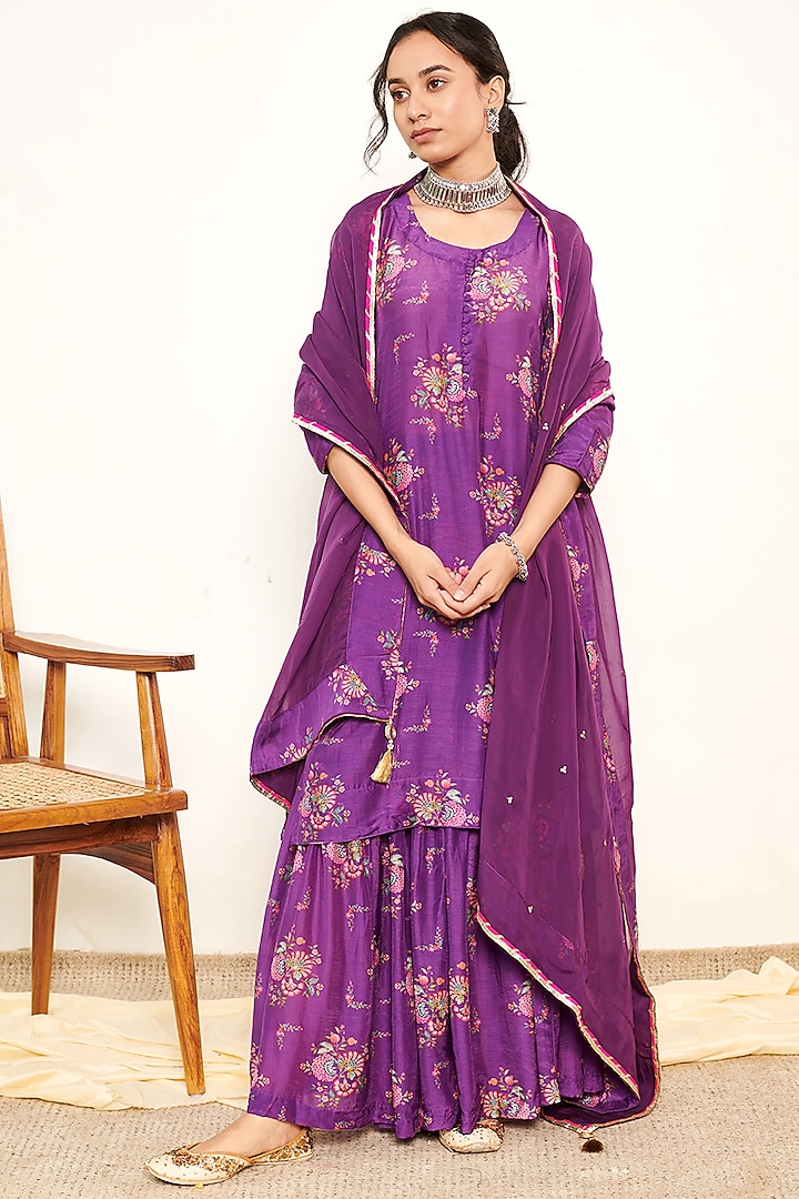 Purple Cotton Silk Printed Sharara Set by Itraake