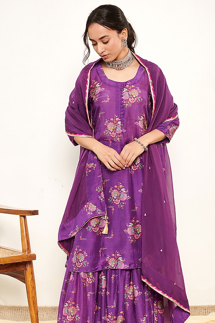 Purple Cotton Silk Printed Sharara Set by Itraake at Pernia's Pop Up Shop