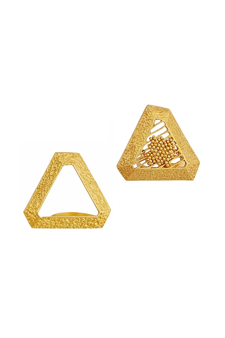 Yellow Gold Finish Twin Triangle Ring (Set of 2) by Itrana By Sonal Gupta at Pernia's Pop Up Shop