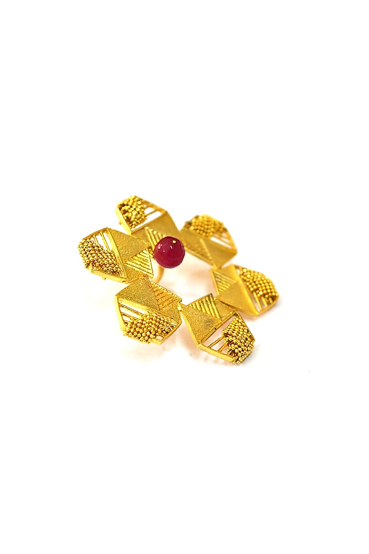 Yellow Gold Finish Hexagon Floral Ring by Itrana By Sonal Gupta