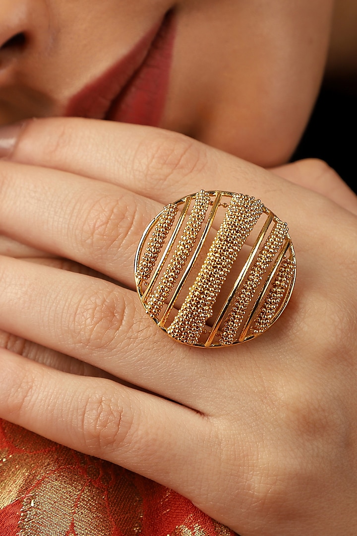 Yellow Gold Finish Striped Orb Handmade Ring by Itrana By Sonal Gupta