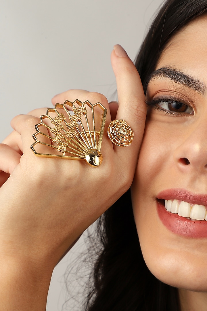 Yellow Gold Finish Oriental Fan Ring by Itrana By Sonal Gupta
