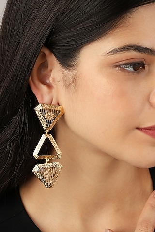 Yellow Gold Finish Trio Triangle Dangler Earrings by Itrana By Sonal Gupta