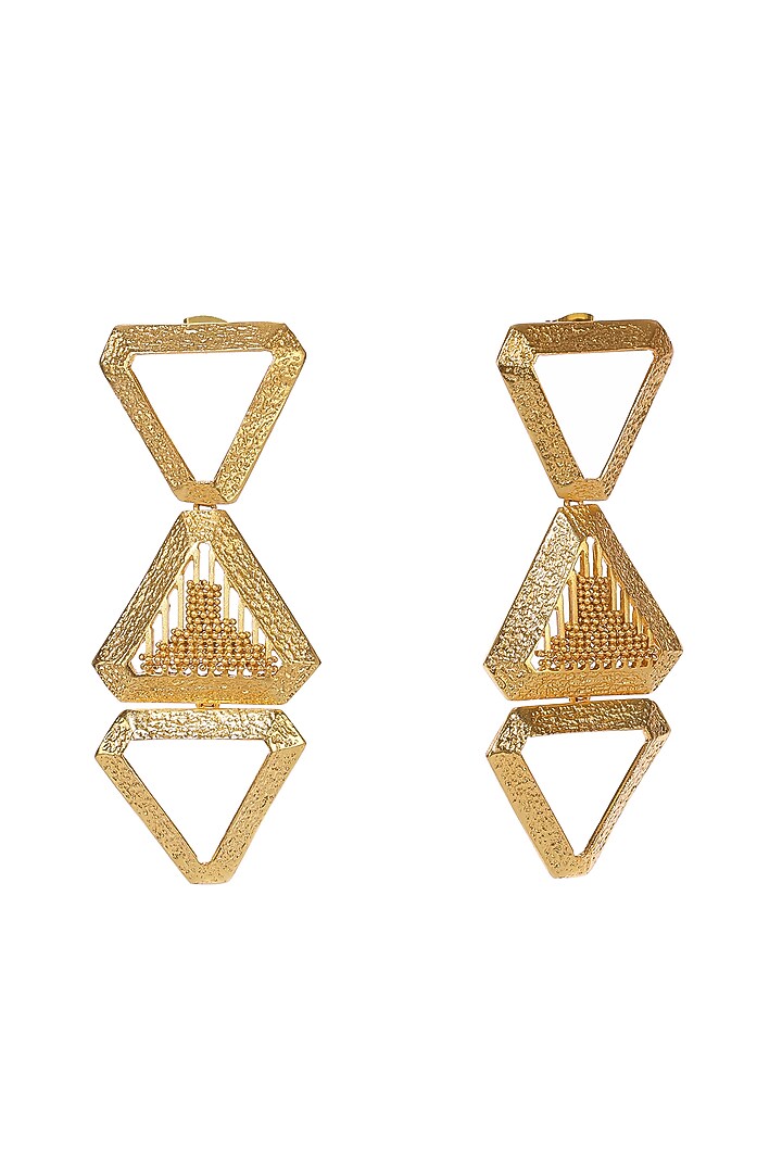 Yellow Gold Finish Trio Triangle Dangler Earrings by Itrana By Sonal Gupta at Pernia's Pop Up Shop