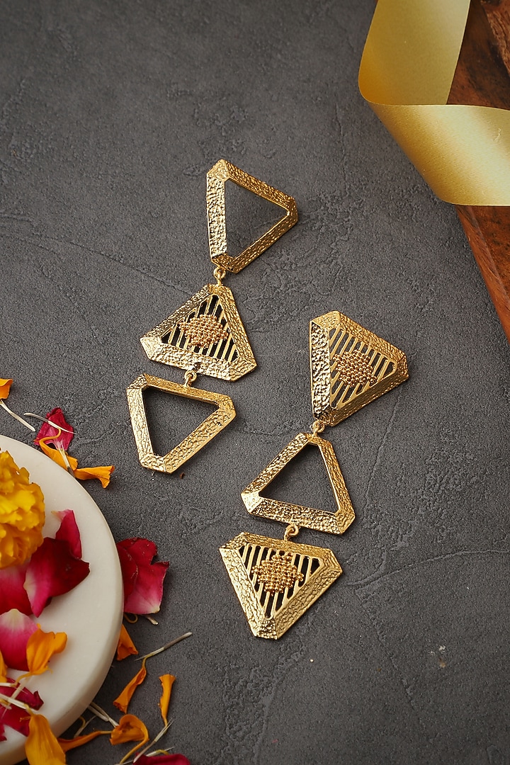 Yellow Gold Finish Trio Triangle Dangler Earrings by Itrana By Sonal Gupta at Pernia's Pop Up Shop