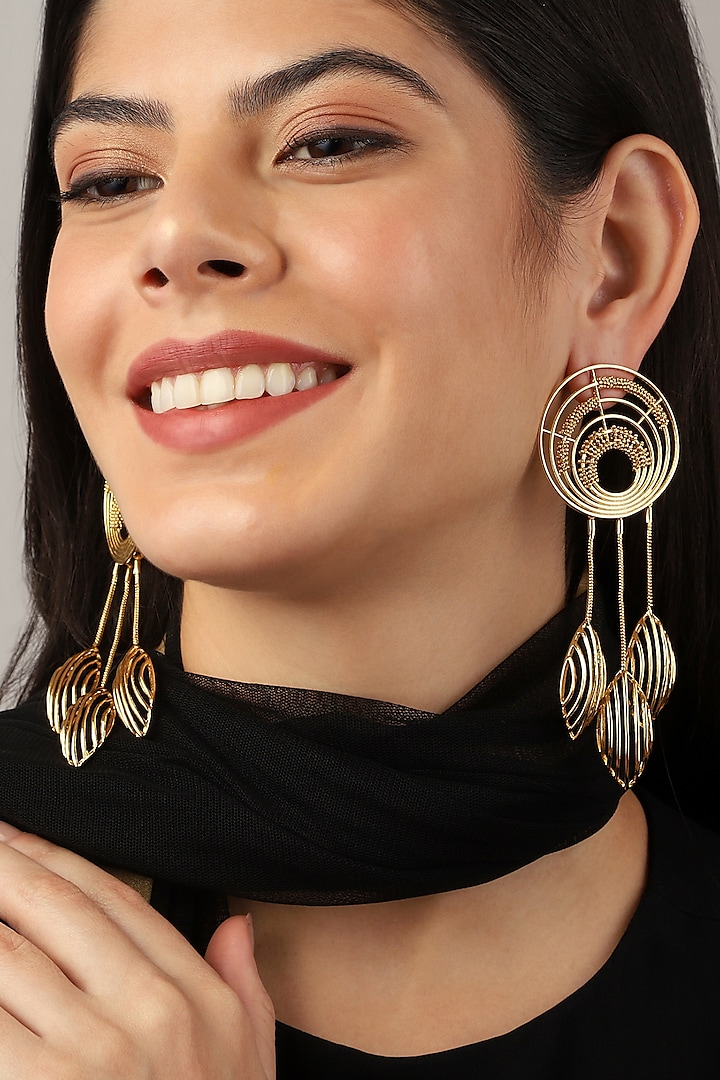 Yellow Gold Finish Dangler Earrings by Itrana By Sonal Gupta