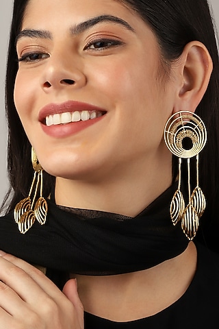 Yellow Gold Finish Dangler Earrings by Itrana By Sonal Gupta
