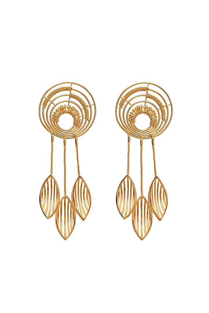 Yellow Gold Finish Dangler Earrings by Itrana By Sonal Gupta at Pernia's Pop Up Shop