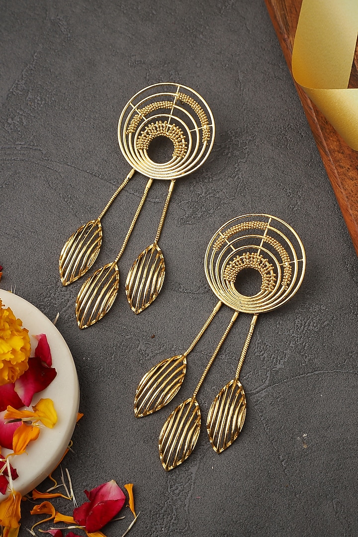 Yellow Gold Finish Dangler Earrings by Itrana By Sonal Gupta at Pernia's Pop Up Shop