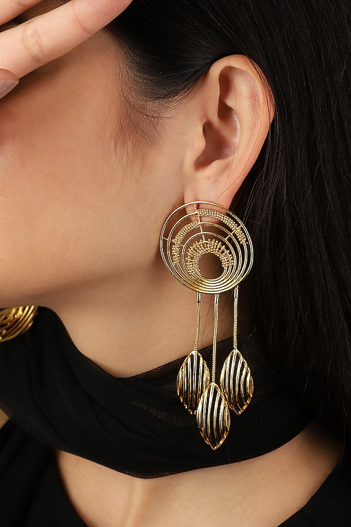 Yellow Gold Finish Dangler Earrings by Itrana By Sonal Gupta at Pernia's Pop Up Shop