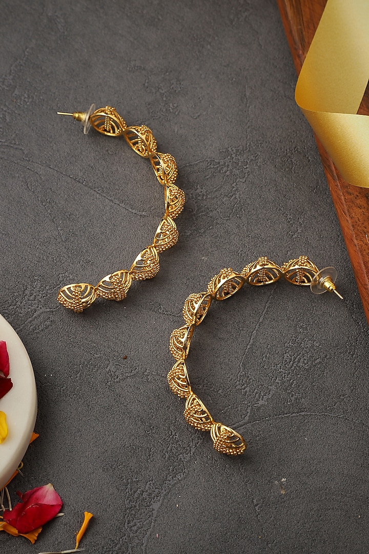 Yellow Gold Finish Orb Hoop Earrings by Itrana By Sonal Gupta at Pernia's Pop Up Shop