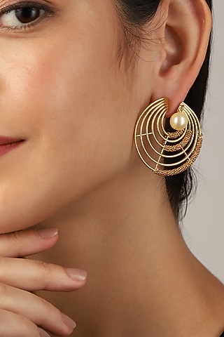 Gold Rhodium Finish Pearl & Hand-Knotted Ball Chain Embellished Swirl Stud Earrings by Itrana By Sonal Gupta