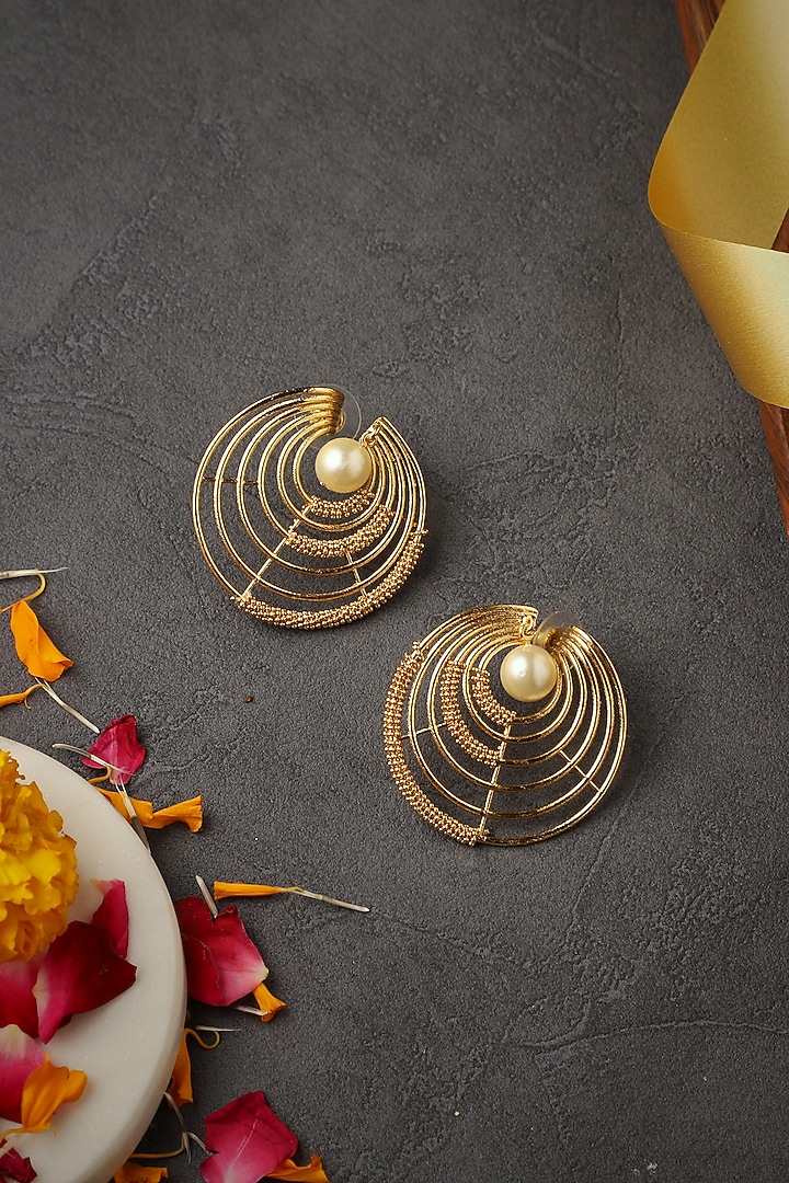 Gold Rhodium Finish Pearl & Hand-Knotted Ball Chain Embellished Swirl Stud Earrings by Itrana By Sonal Gupta at Pernia's Pop Up Shop