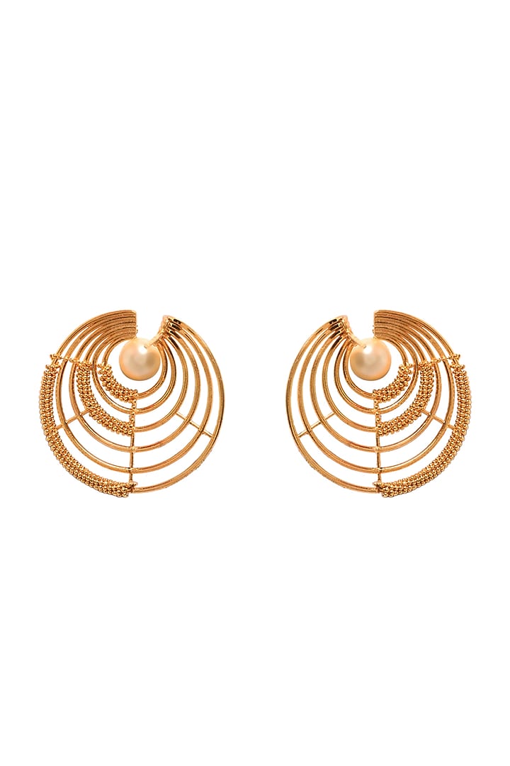 Gold Rhodium Finish Pearl & Hand-Knotted Ball Chain Embellished Swirl Stud Earrings by Itrana By Sonal Gupta at Pernia's Pop Up Shop