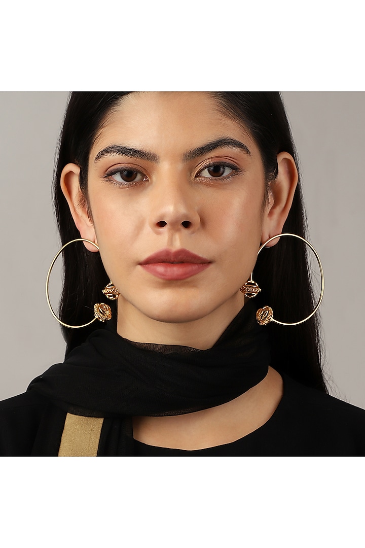 Yellow Gold Finish Minimal Hoop Earrings by Itrana By Sonal Gupta