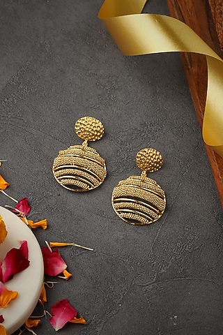 Yellow Gold Finish Striped Orb Dangler Earrings by Itrana By Sonal Gupta
