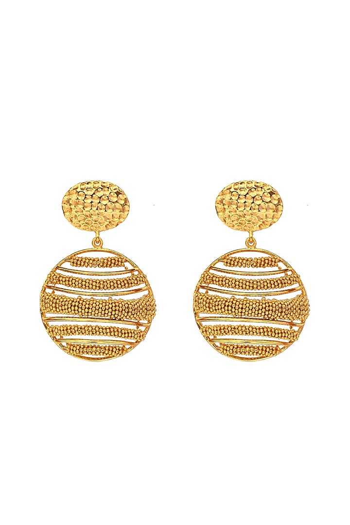 Yellow Gold Finish Striped Orb Dangler Earrings by Itrana By Sonal Gupta at Pernia's Pop Up Shop