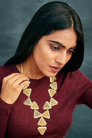 Yellow Gold Finish Long Triangle Necklace by Itrana By Sonal Gupta