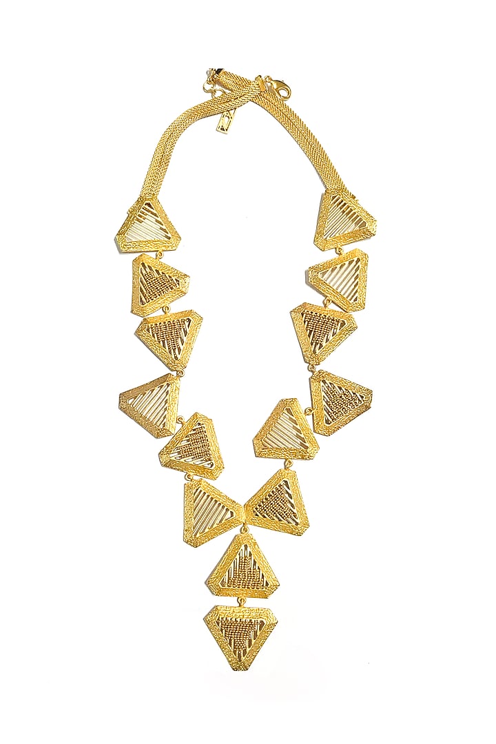 Yellow Gold Finish Long Triangle Necklace by Itrana By Sonal Gupta at Pernia's Pop Up Shop