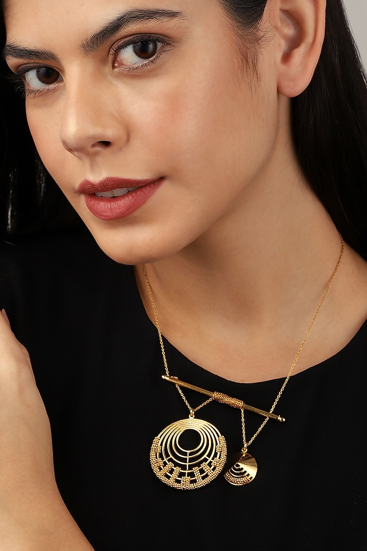 Yellow Gold Finish Double Orb Necklace by Itrana By Sonal Gupta