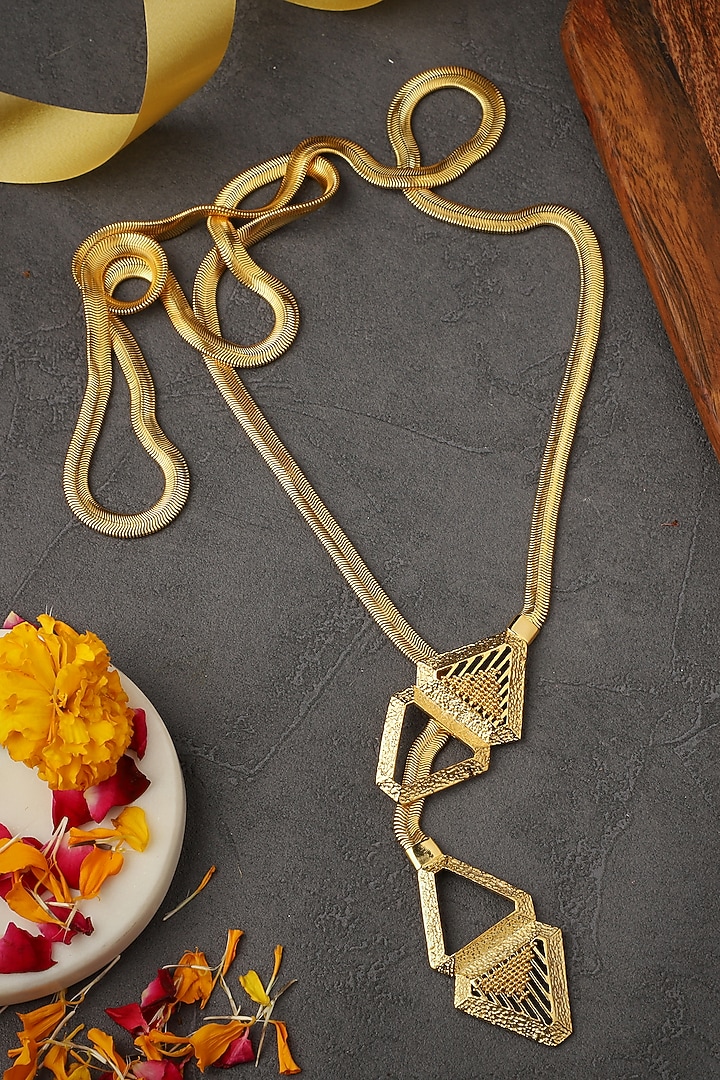 Yellow Gold Finish Triangle Sash Necklace by Itrana By Sonal Gupta at Pernia's Pop Up Shop