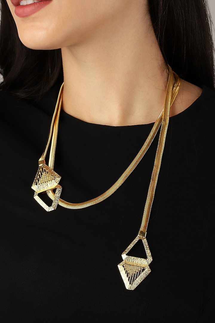 Yellow Gold Finish Triangle Sash Necklace by Itrana By Sonal Gupta at Pernia's Pop Up Shop