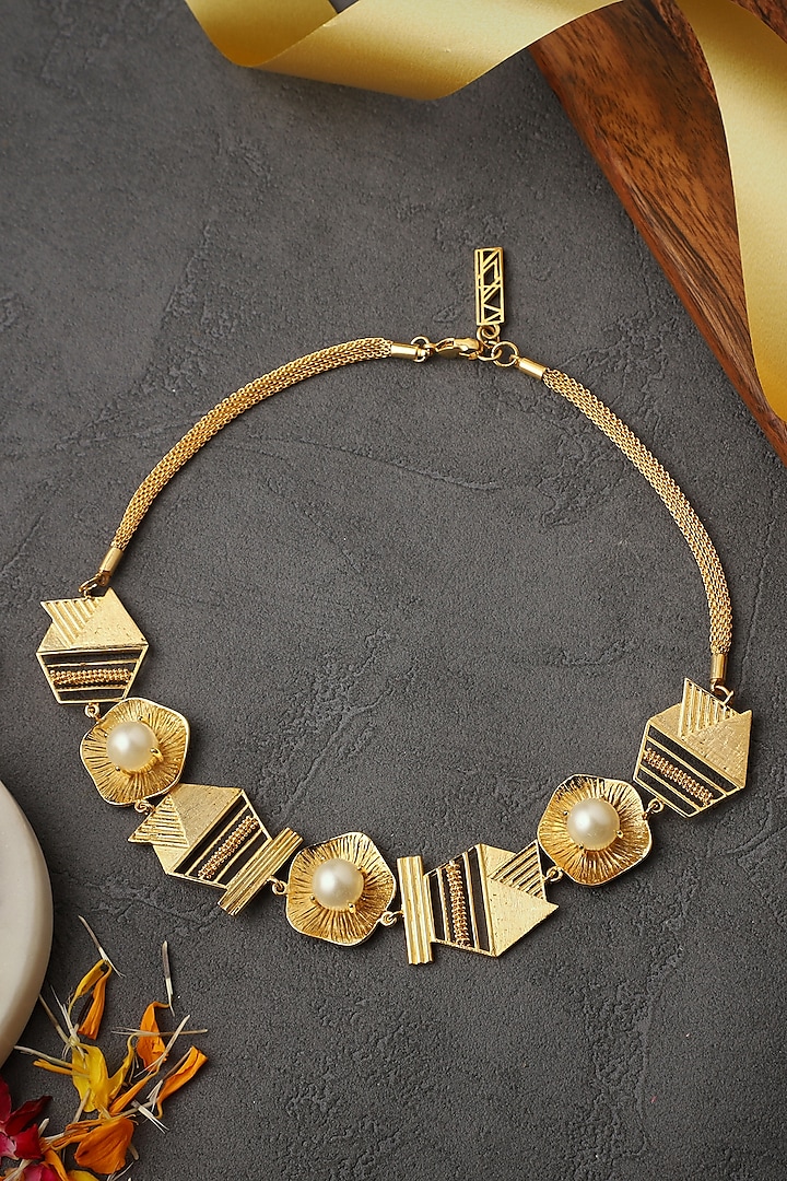 Yellow Gold Finish Cabochon Pearl Hexa Necklace by Itrana By Sonal Gupta