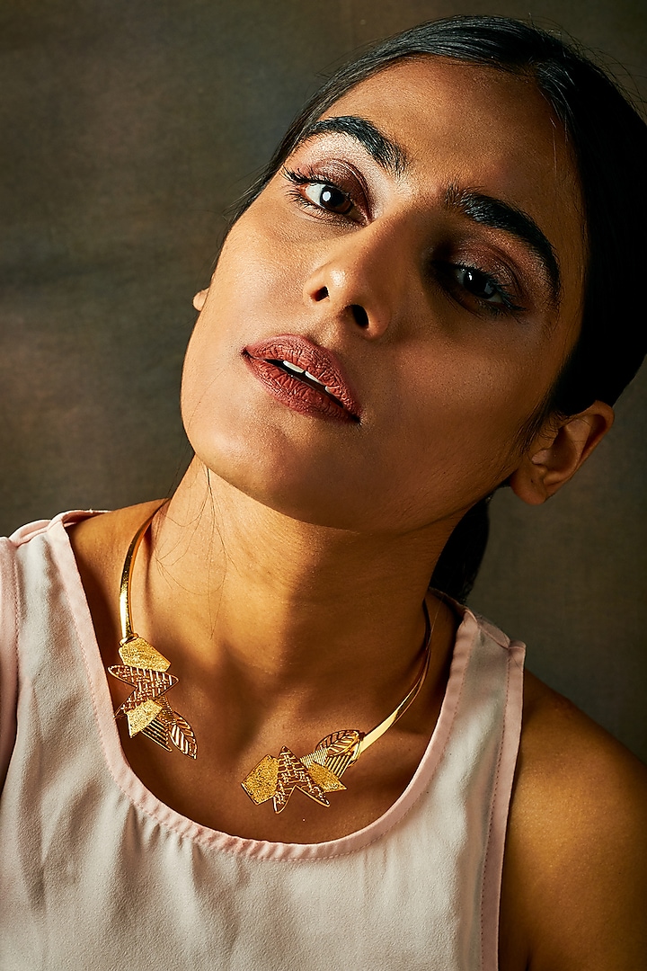 Yellow Gold Finish Front Open Abstract Necklace by Itrana By Sonal Gupta
