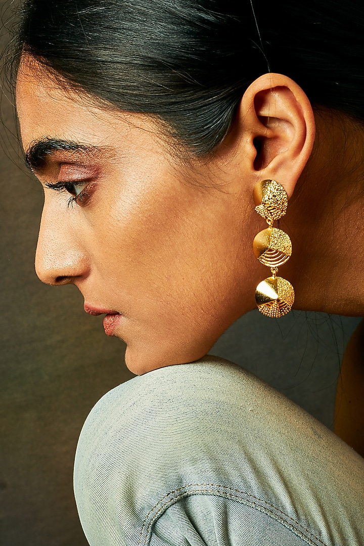 Gold Finish Mini Dome Dangler Earrings by Itrana By Sonal Gupta at Pernia's Pop Up Shop