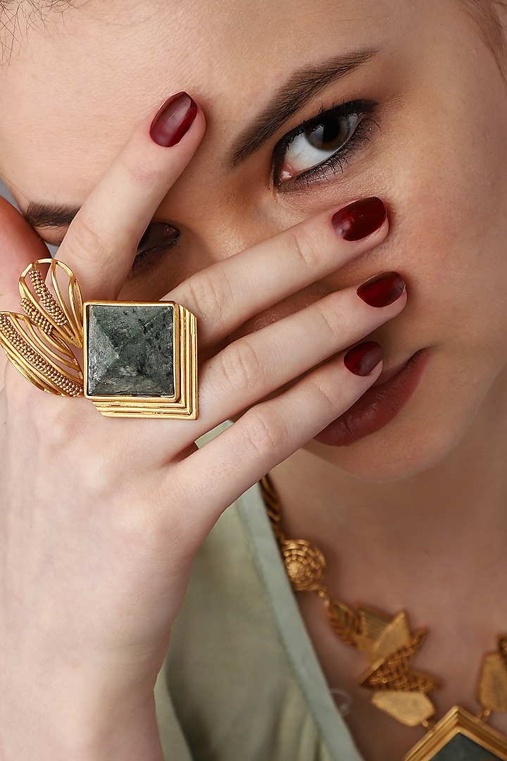 Gold Finish Green Hand-Cut Marble Hand-Knotted Ring by Itrana By Sonal Gupta