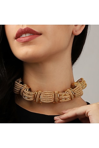 Gold Rhodium Finish Hand-Knotted Ball Chain Embellished Granthi Necklace by Itrana By Sonal Gupta