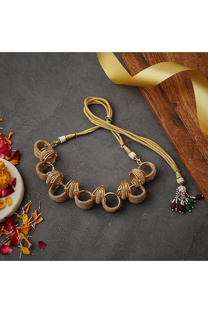 Gold Rhodium Finish Hand-Knotted Ball Chain Embellished Granthi Necklace by Itrana By Sonal Gupta at Pernia's Pop Up Shop
