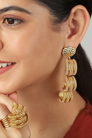Gold Rhodium Finish Hand-Knotted Ball Chain Embellished Scalloped Dangler Earrings by Itrana By Sonal Gupta