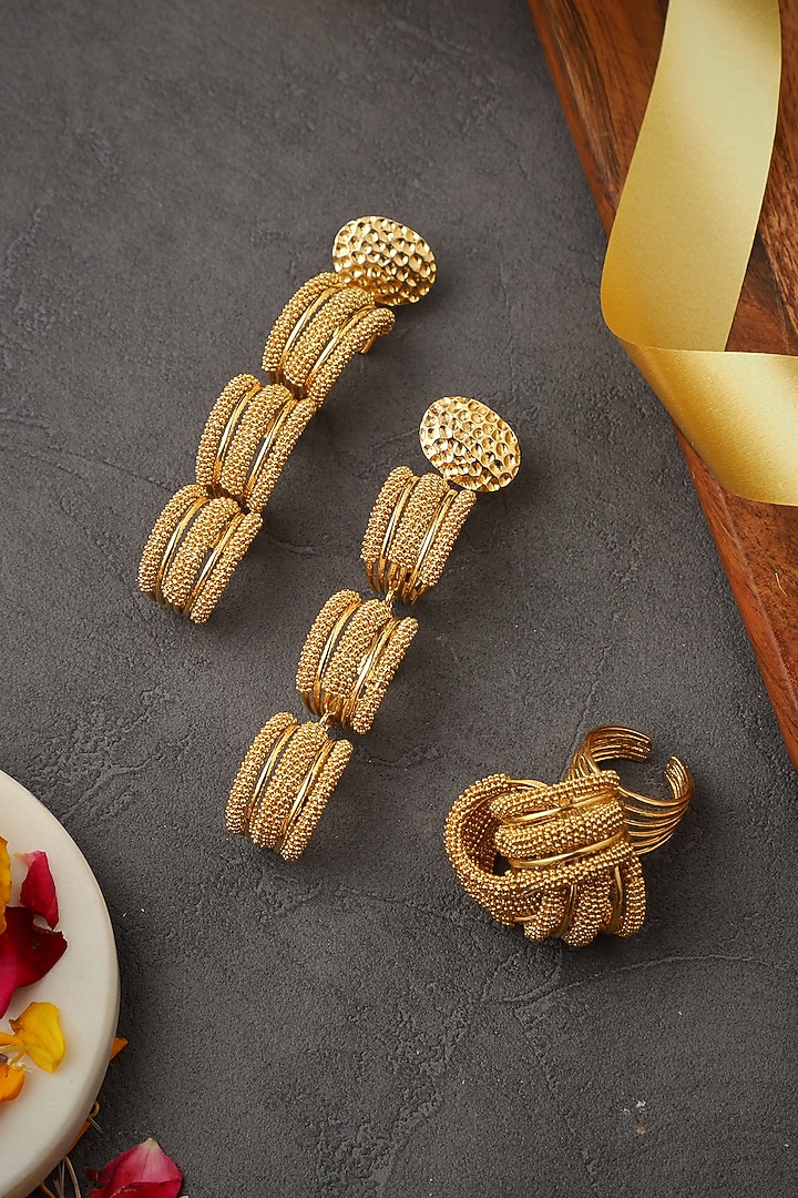 Gold Rhodium Finish Hand-Knotted Ball Chain Embellished Scalloped Dangler Earrings by Itrana By Sonal Gupta at Pernia's Pop Up Shop