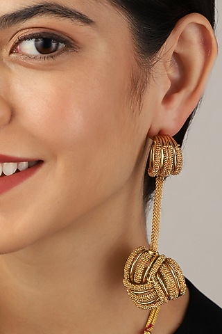 Gold Rhodium Finish Hand-Knotted Ball Chain Embellished Granthi Dangler Earrings by Itrana By Sonal Gupta