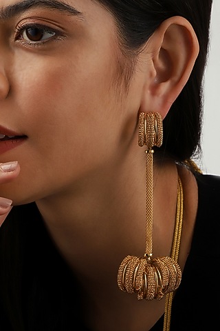 Gold Rhodium Finish Hand-Knotted Ball Chain Embellished Spiral Granthi Dangler Earrings by Itrana By Sonal Gupta