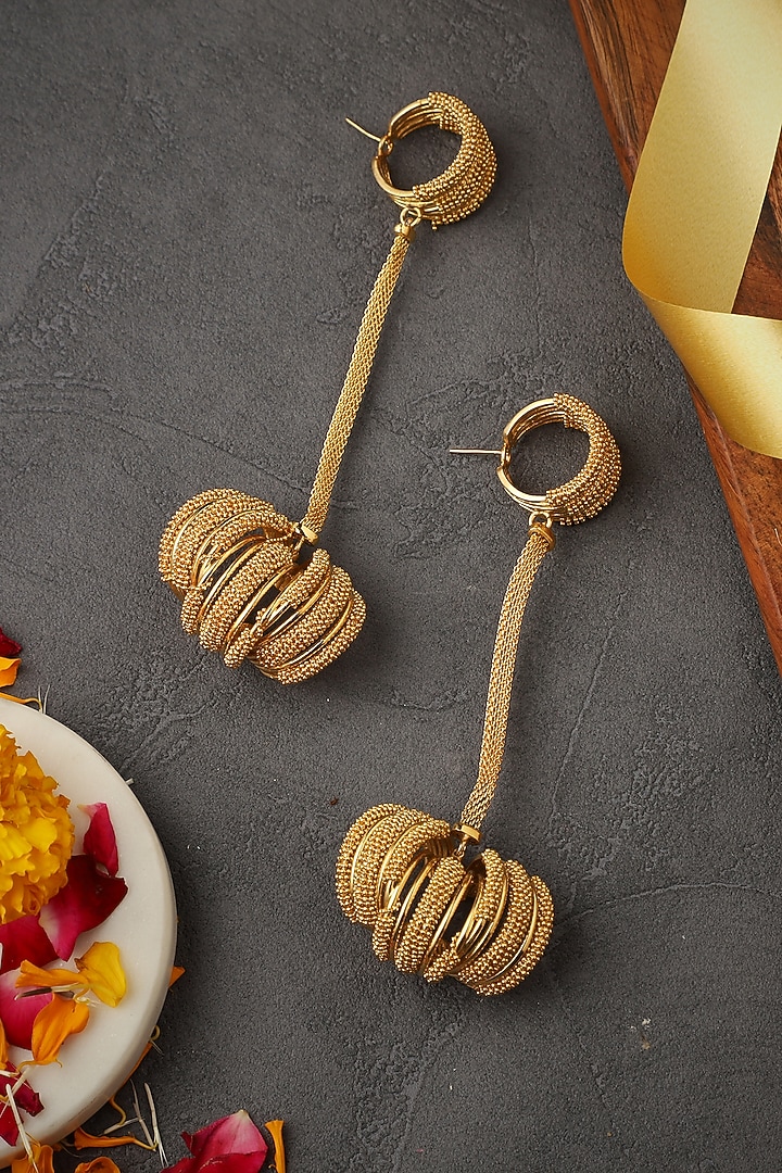 Gold Rhodium Finish Hand-Knotted Ball Chain Embellished Spiral Granthi Dangler Earrings by Itrana By Sonal Gupta at Pernia's Pop Up Shop