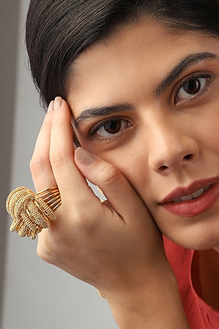 Gold Rhodium Finish Hand-Knotted Ball Chain Embellished Spiral Granthi Ring by Itrana By Sonal Gupta